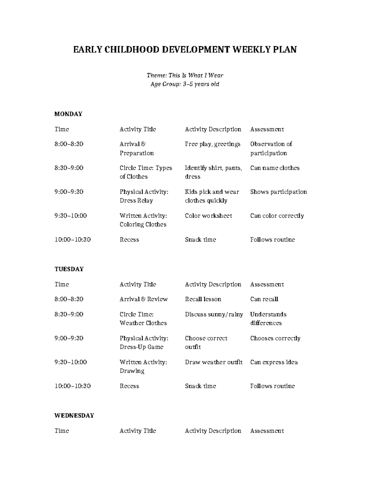 ECD Weekly Plan: This Is What I Wear Activities for Young Learners ...