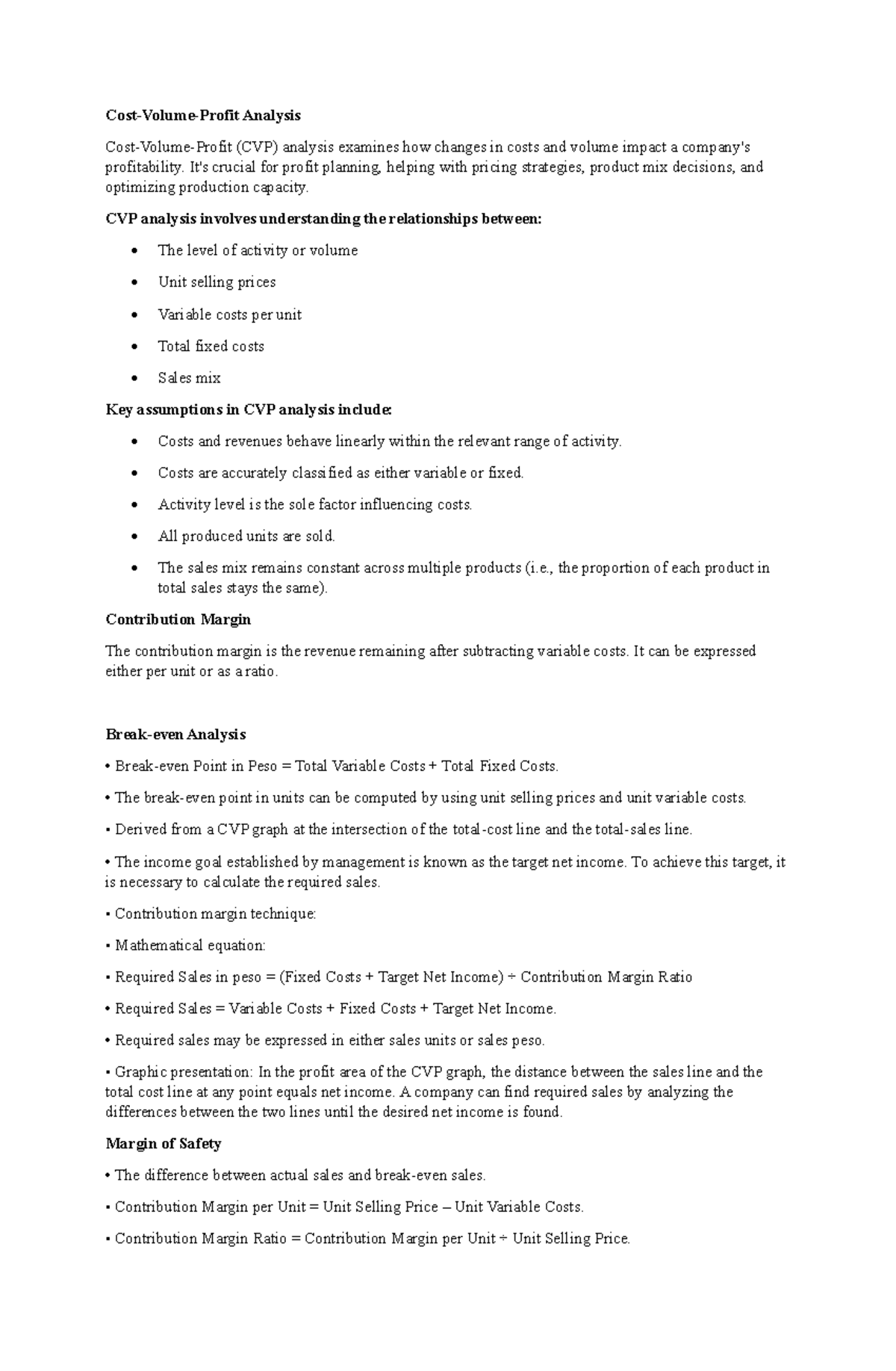 CVP Analysis Notes: Understanding Cost-Volume-Profit Concepts - Studocu