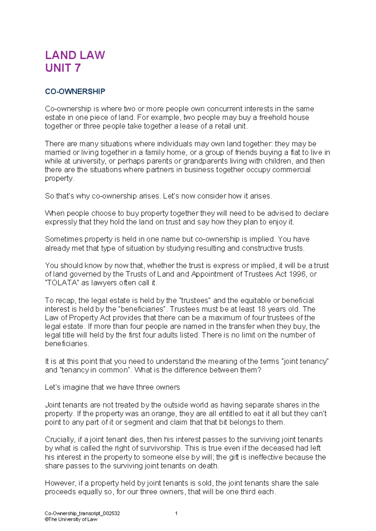Co-Ownership in Land Law - Unit 7 Notes for Exam Preparation - Studocu