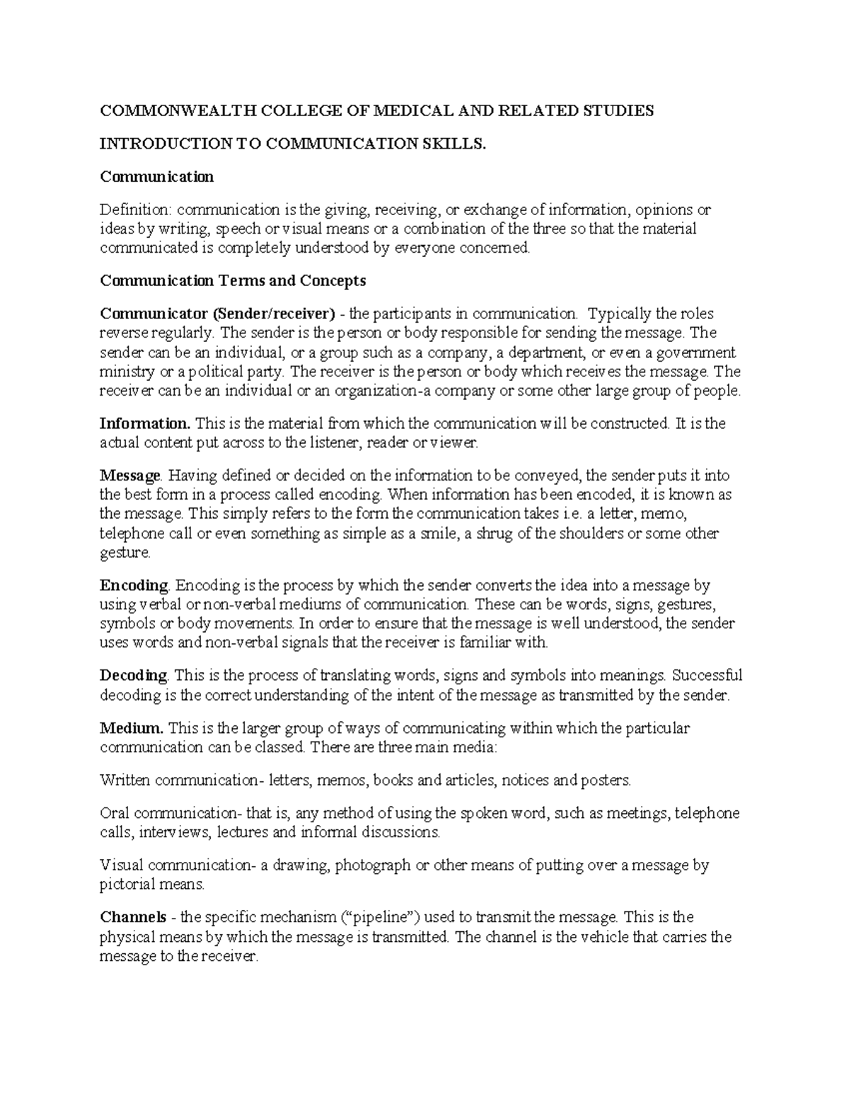 COMM 101: Introduction to Communication Skills - Lecture Notes - Studocu