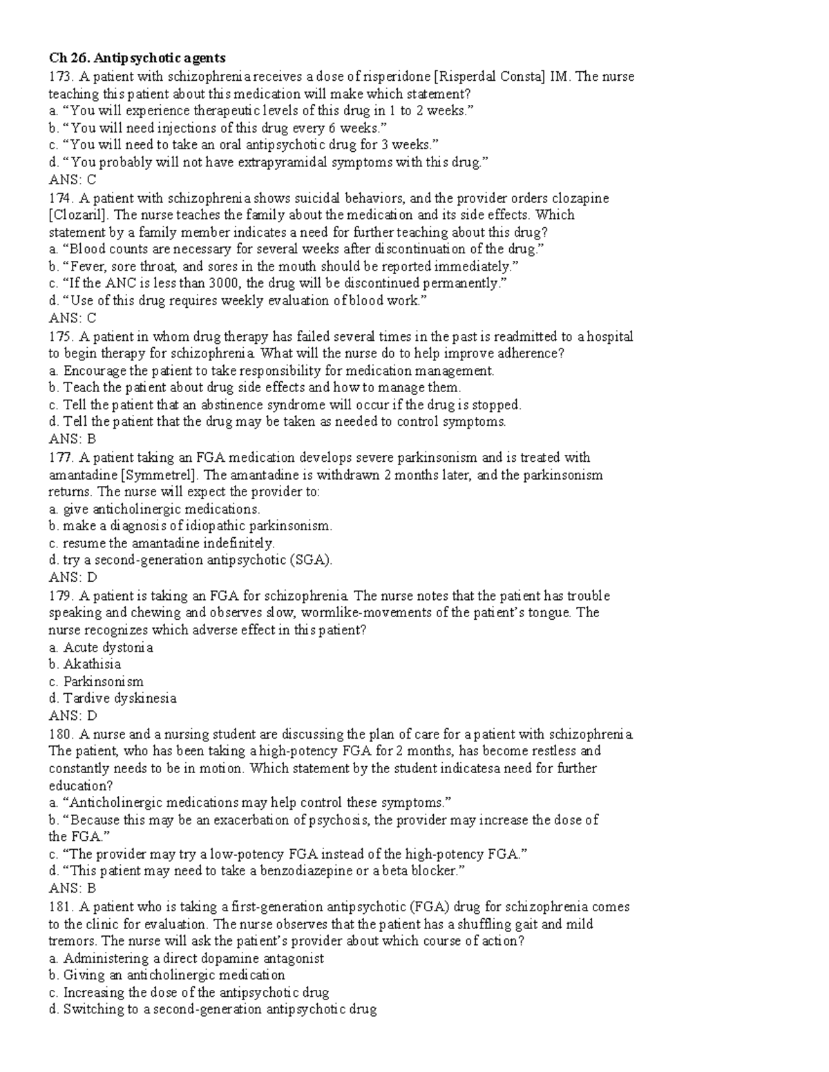 Ch 26 - Practice Questions on Antipsychotic Medications - Studocu