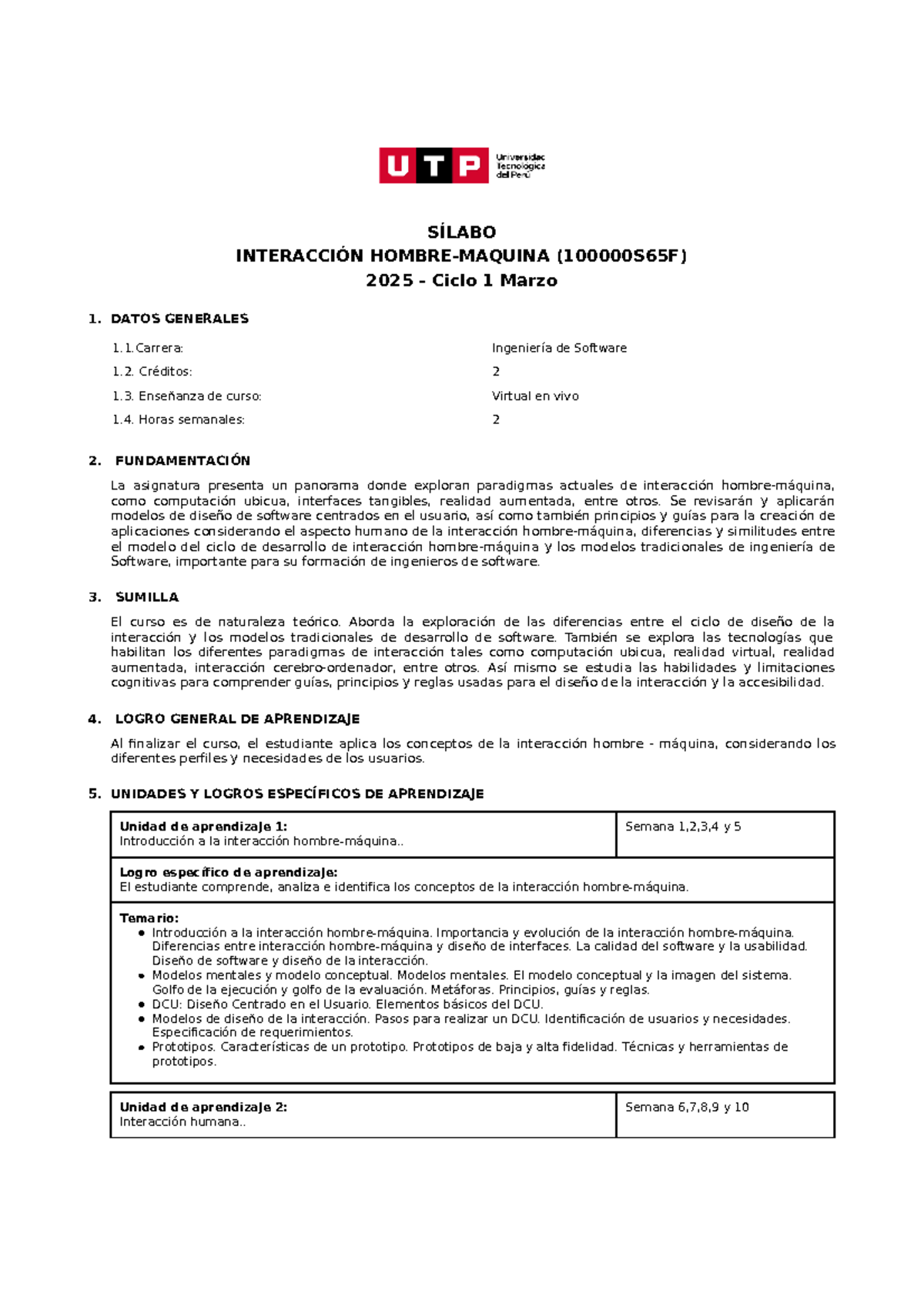 Sílabo Interacción Hombre-Máquina 2025 - Ingeniería de Software - Document Preview