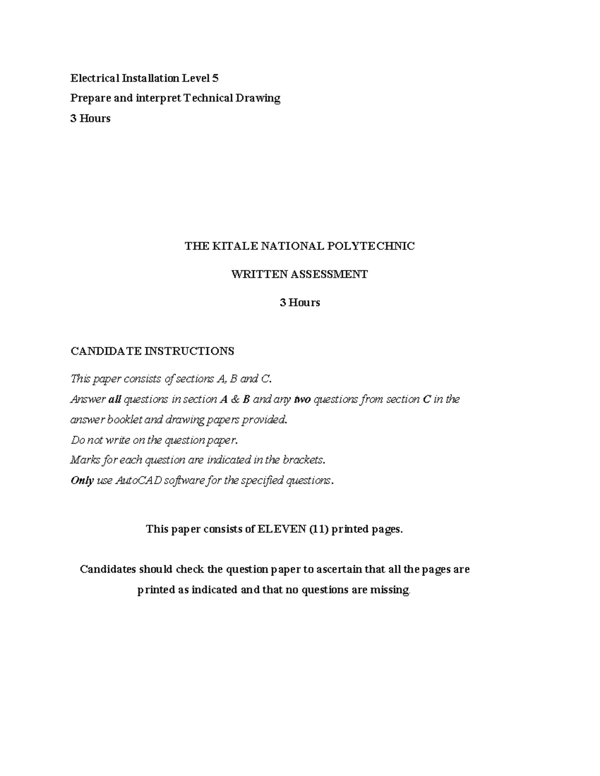 Electrical Installation Level 5: Technical Drawing Assessment Guide ...