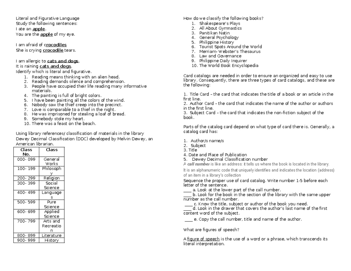 G7 Language Arts: Literal vs. Figurative Language Review - Studocu