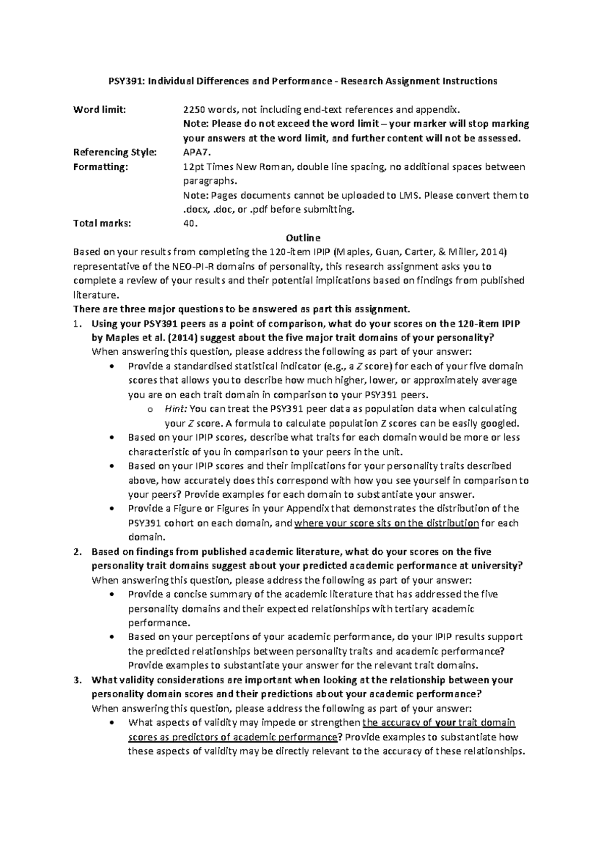 PSY391: Research Assignment on Personality Traits & Academic ...