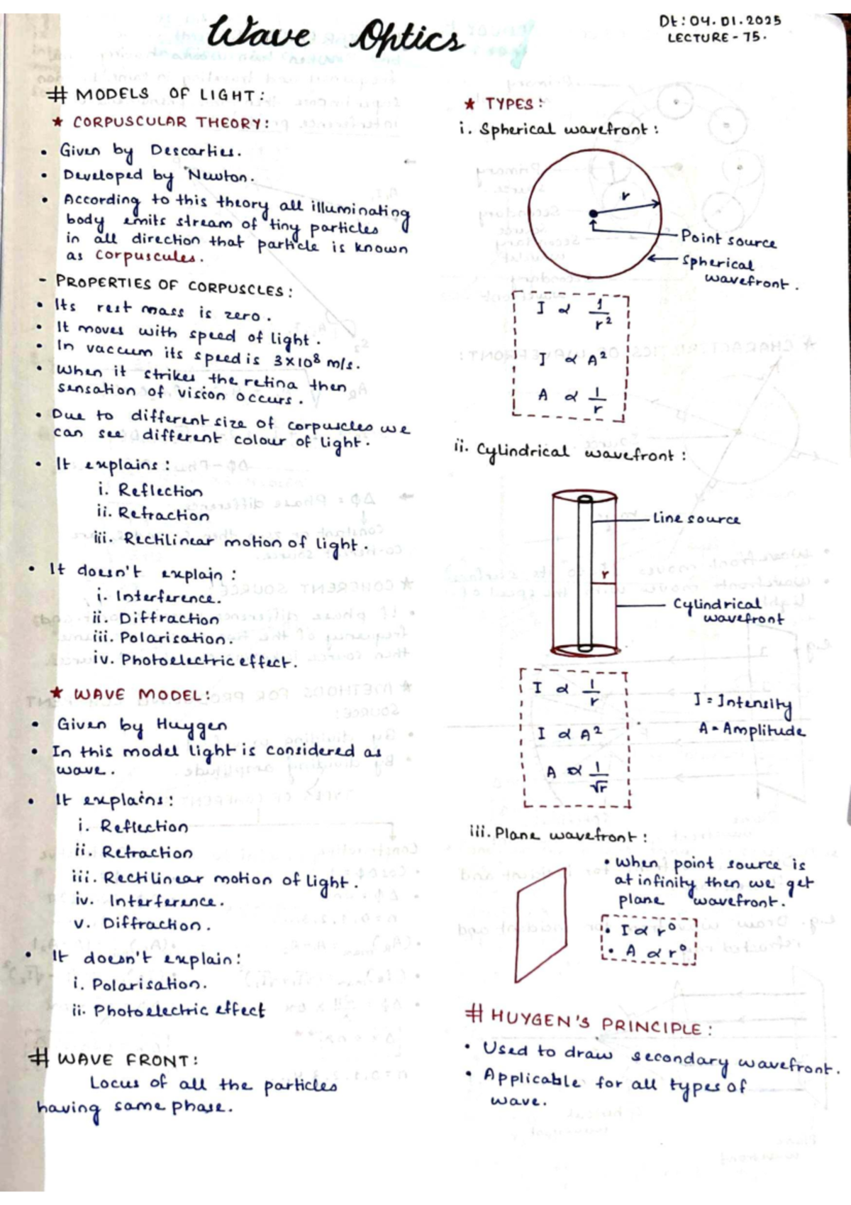 Wave Optics Lecture Notes: Models of Light and Wavefronts (Course Code ...