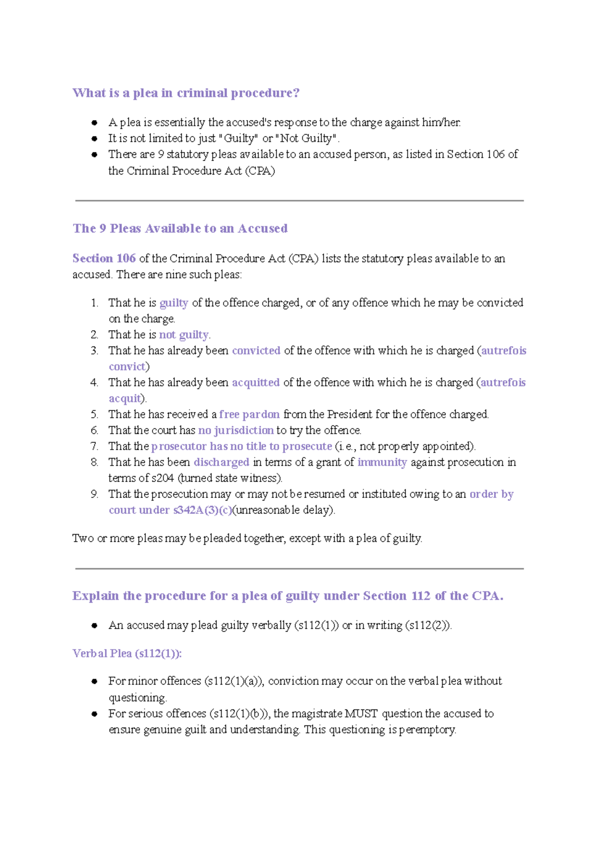 Criminal Procedure (CPA) - Plea Overview and Exam Summaries - Studocu