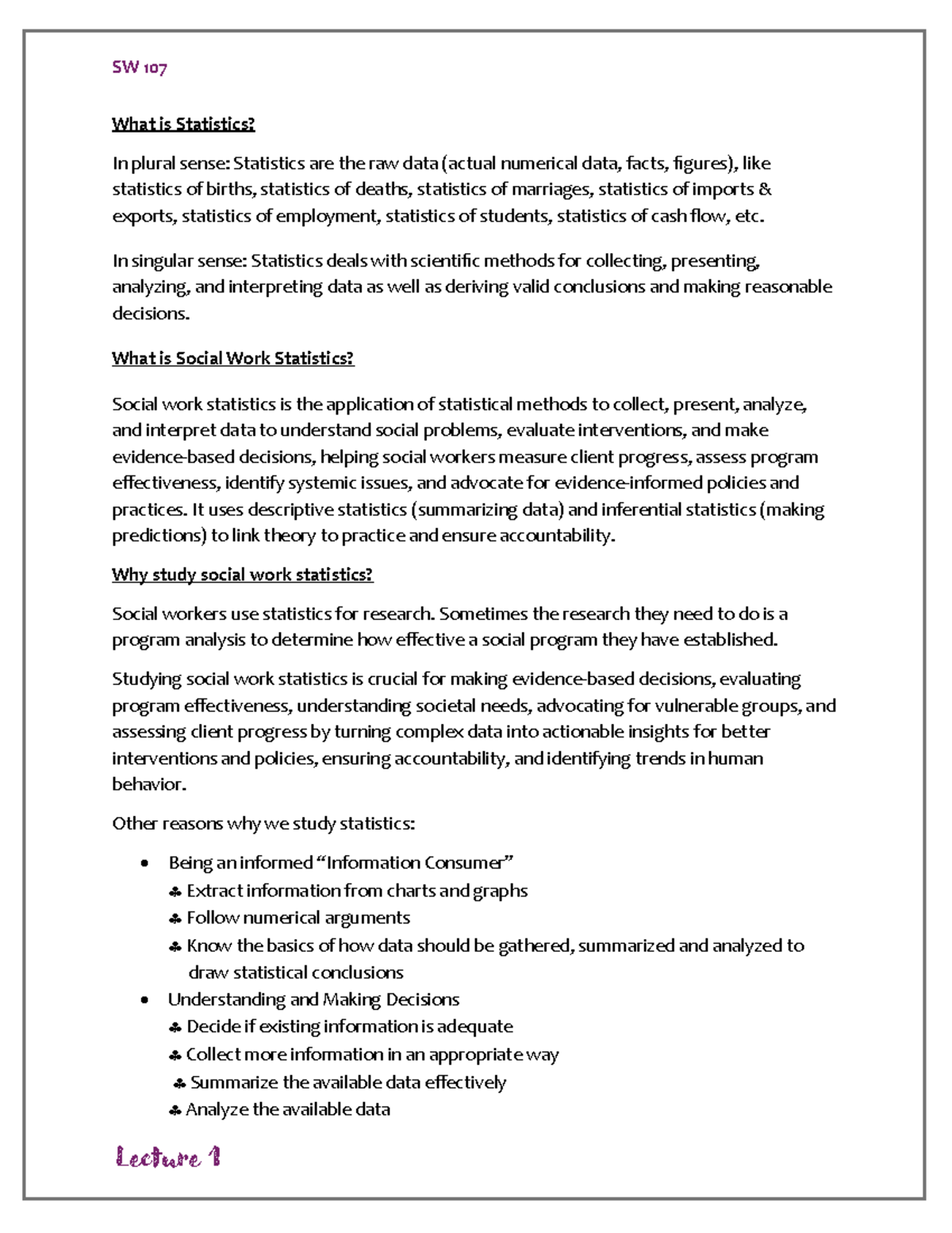 SW 107 Lecture 1: Understanding Statistics in Social Work - Studocu