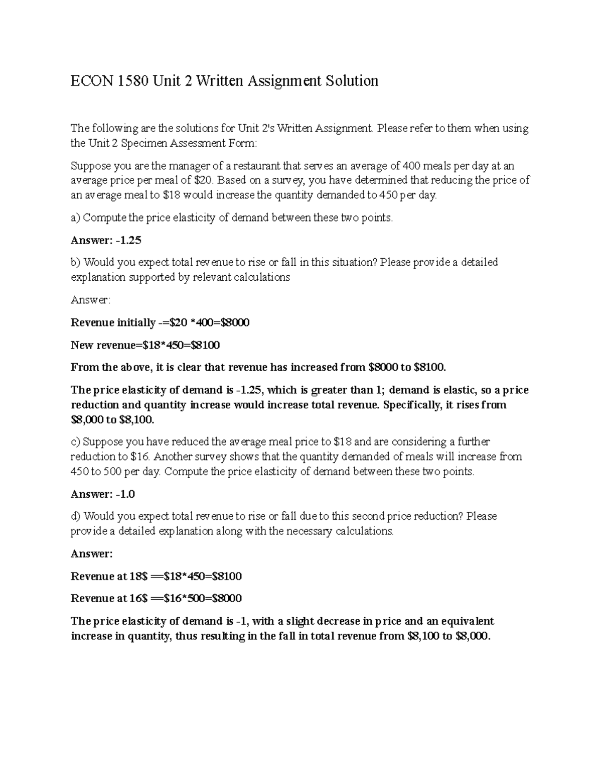 ECON 1580 Unit 2 - Written Assignment Unit 3 Solution - ECON 1580 Unit ...