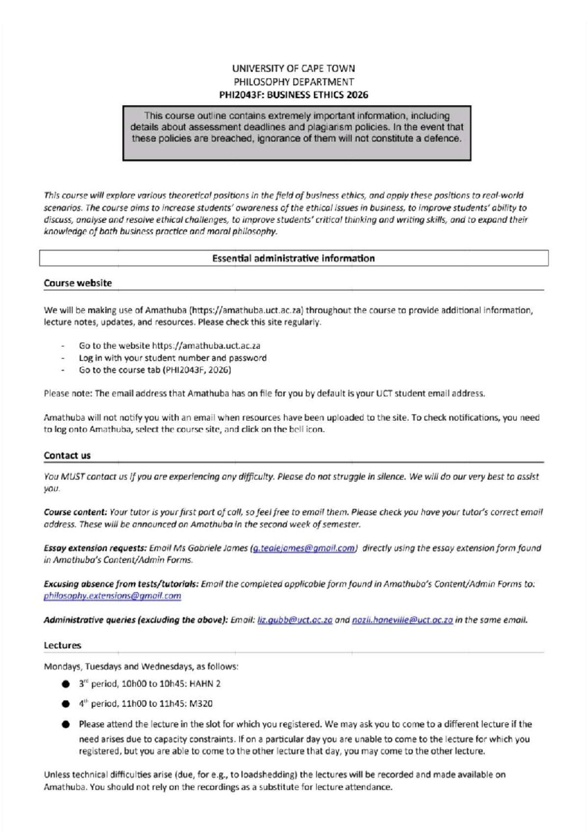 PHI2043F: Business Ethics Course Outline & Important Info 2026 - Studocu