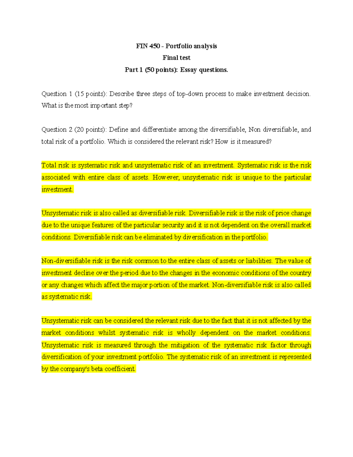 FIN 450 Final Test - Portfolio Analysis and Investment Decisions - Studocu