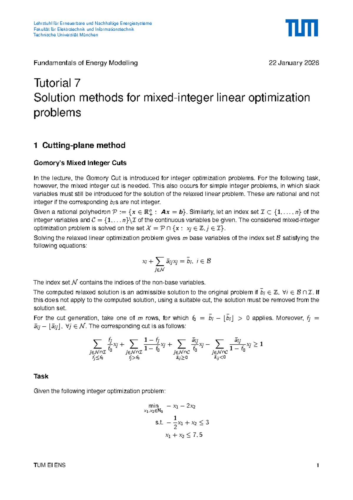 TUM EI ENS Tutorial 7: Mixed Integer Cuts in Linear Optimization - Studocu