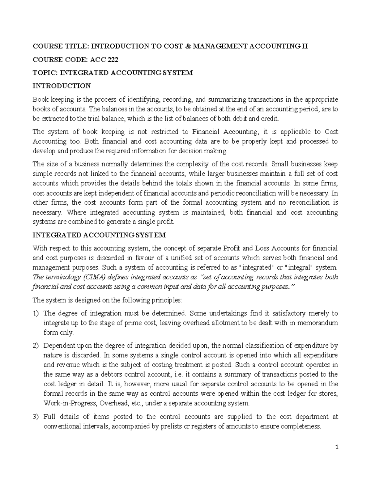 ACC 222 - Lecture Note 2: Integrated Accounting Systems in Cost ...