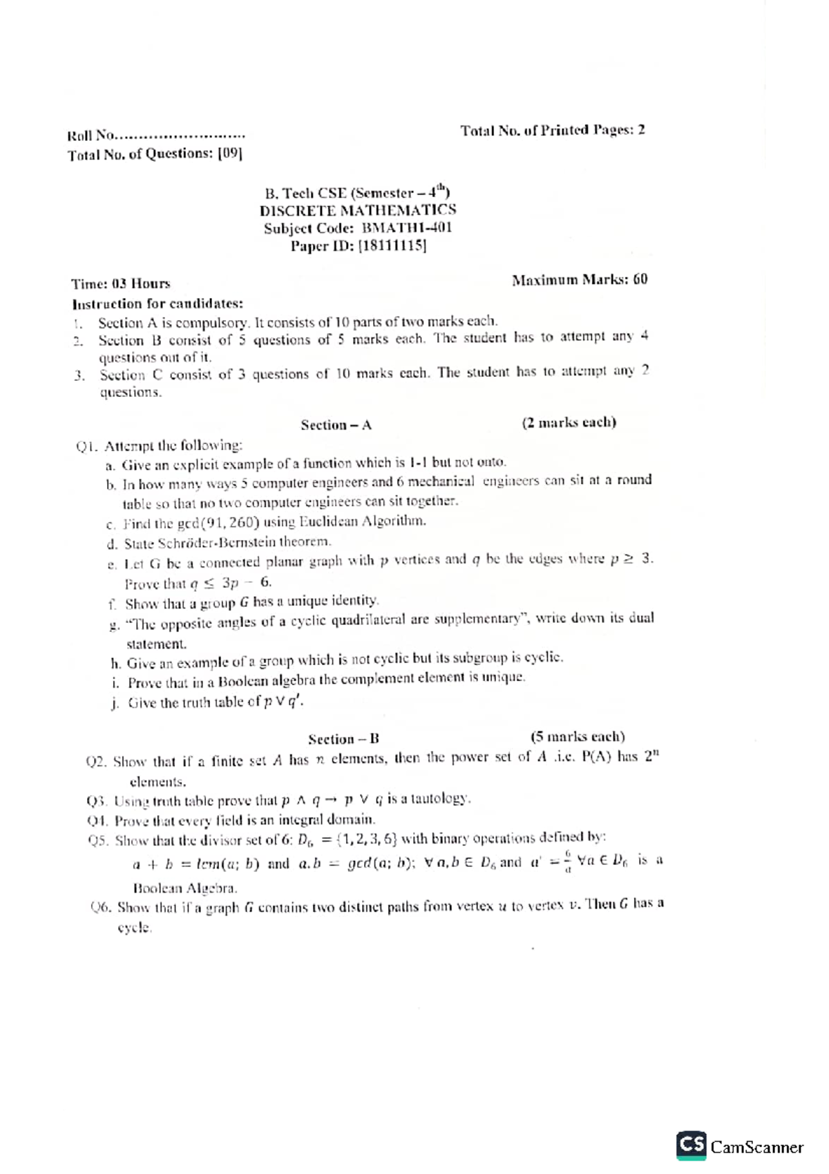 B. Tech CSE Discrete Mathematics Exam Paper - PYQ 2023 - Studocu