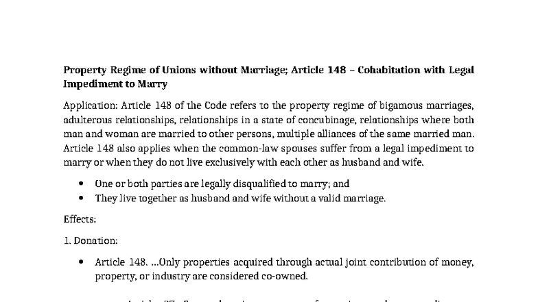 Property Regime of Unions Without Marriage: Article 148 Analysis - Studocu