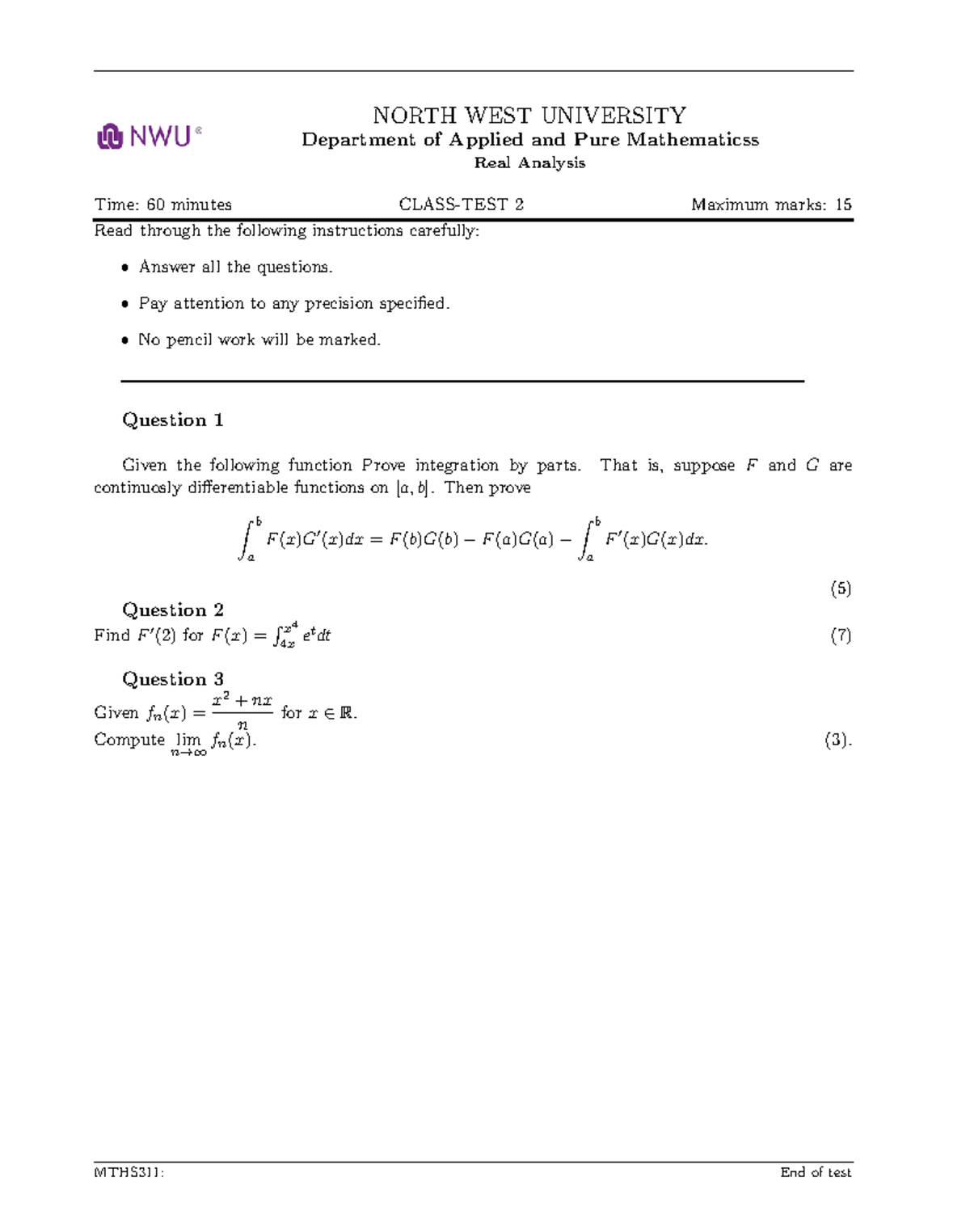 MTHS311: Real Analysis Class Test 2 Instructions and Questions - Studocu