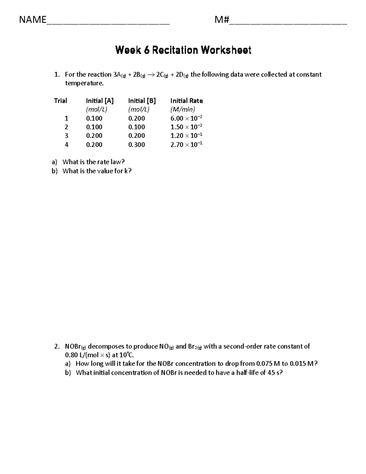 Week+6 - Week 6 recitation - Week 6 Recitation Worksheet 1. For the ...