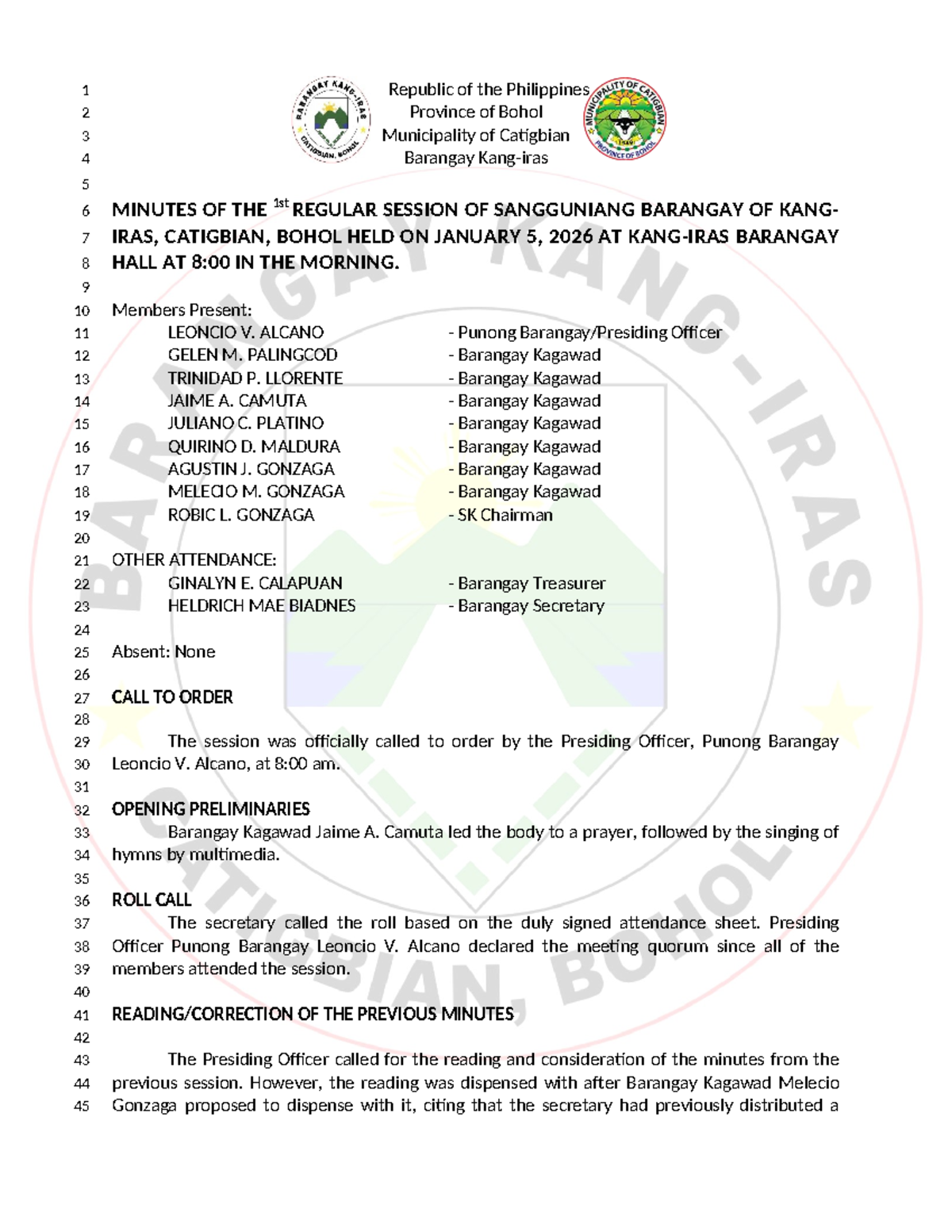 Minutes of the 1st Regular Session of Sangguniang Barangay - January ...