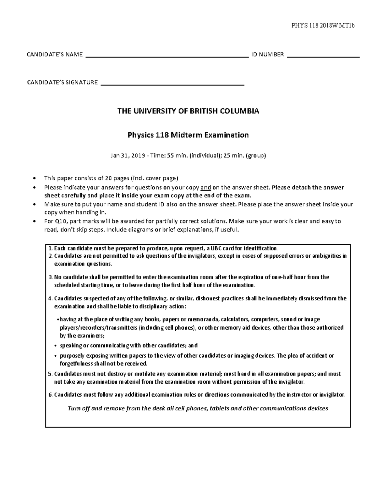 PHYS 118 2018W Midterm Exam Questions and Guidelines - Document Preview