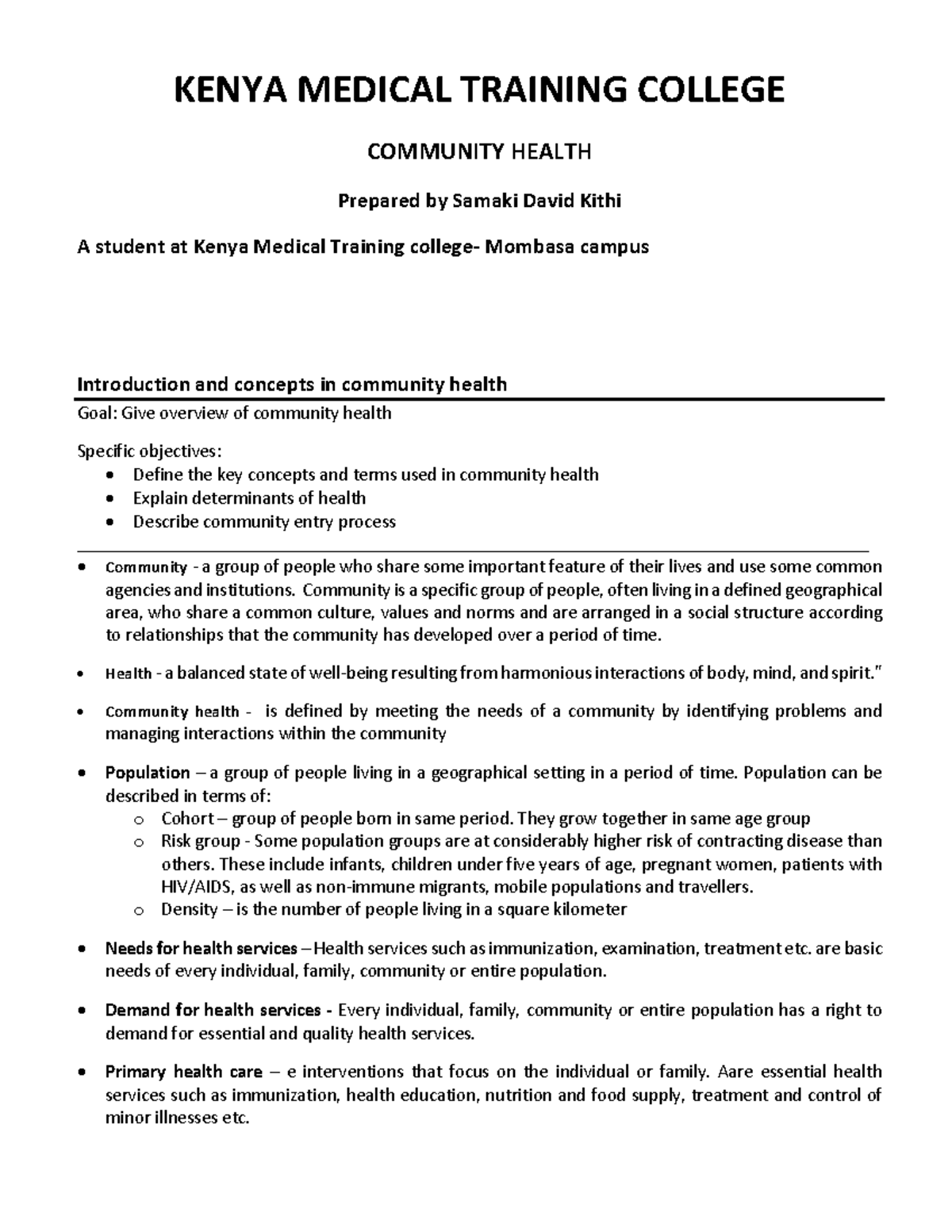 Community Health Comprehensive Notes - KMT 101 - Studocu