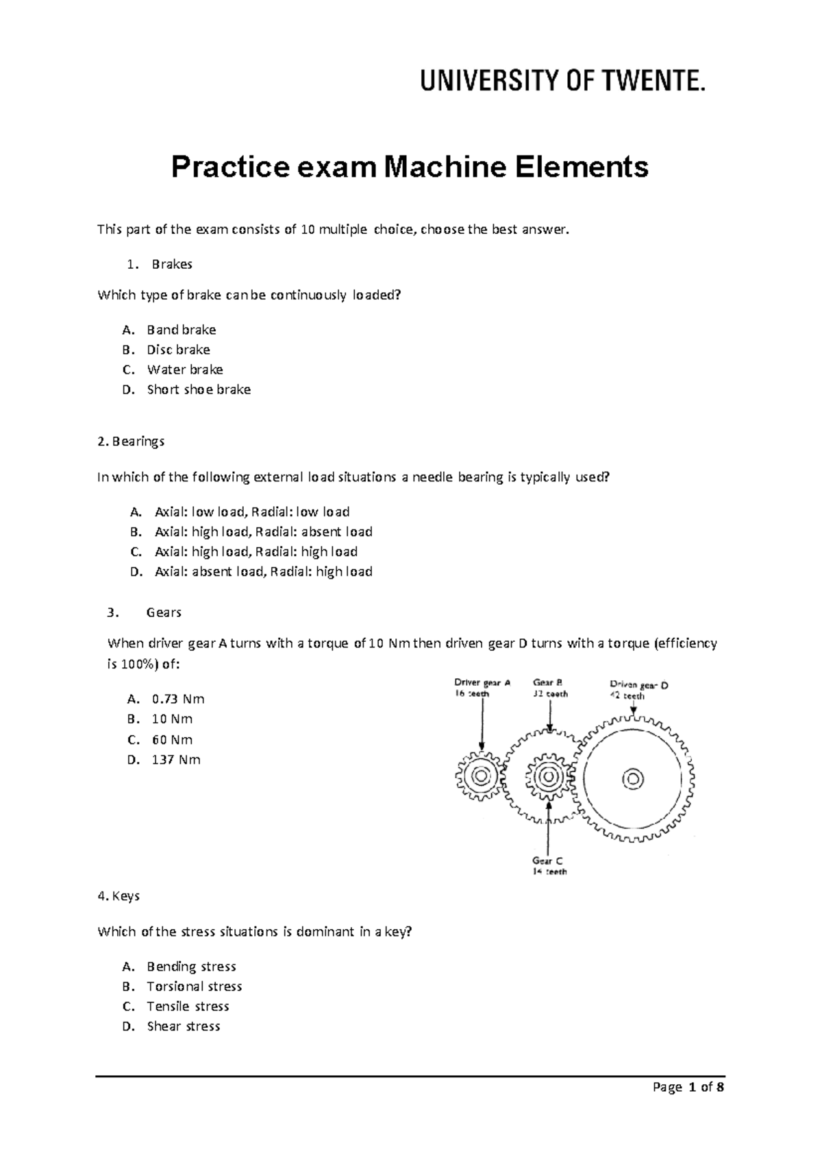 ME 101 Practice Exam: Sample Questions on Machine Elements - Studeersnel