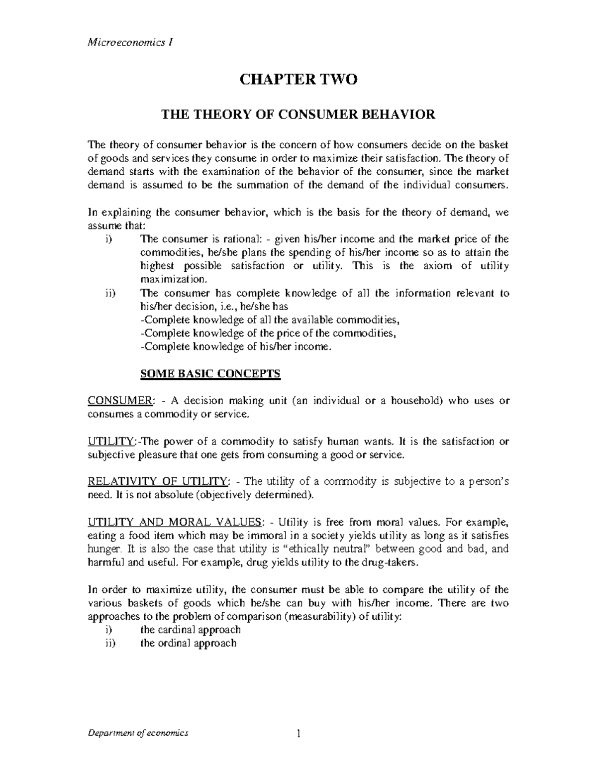 Microeconomics I: Chapter 2 - Theory of Consumer Behavior Summary - Studocu