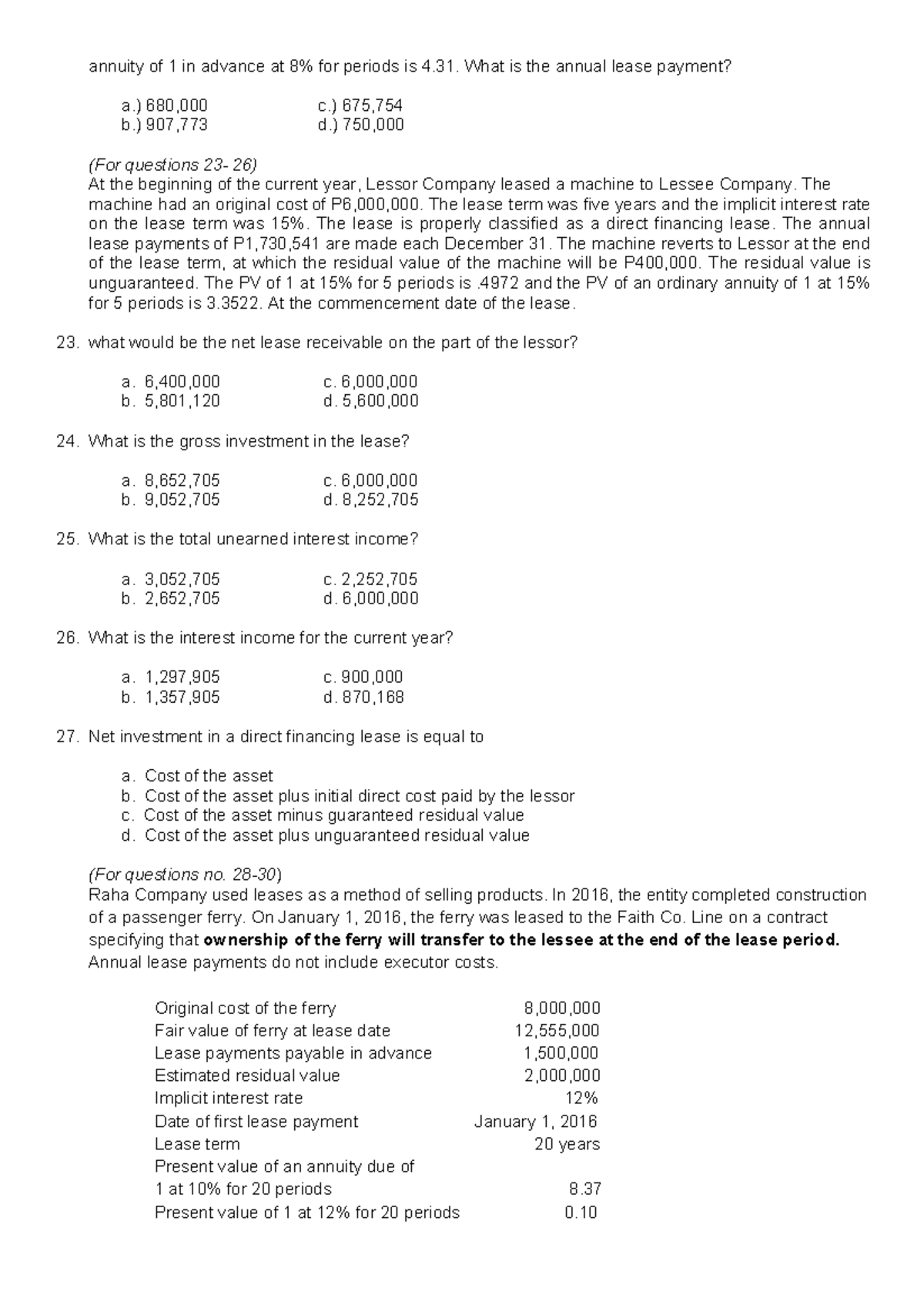 PRE-TEST 3 Part 2 - Lease Accounting Practice Questions (Part 2) - Studocu