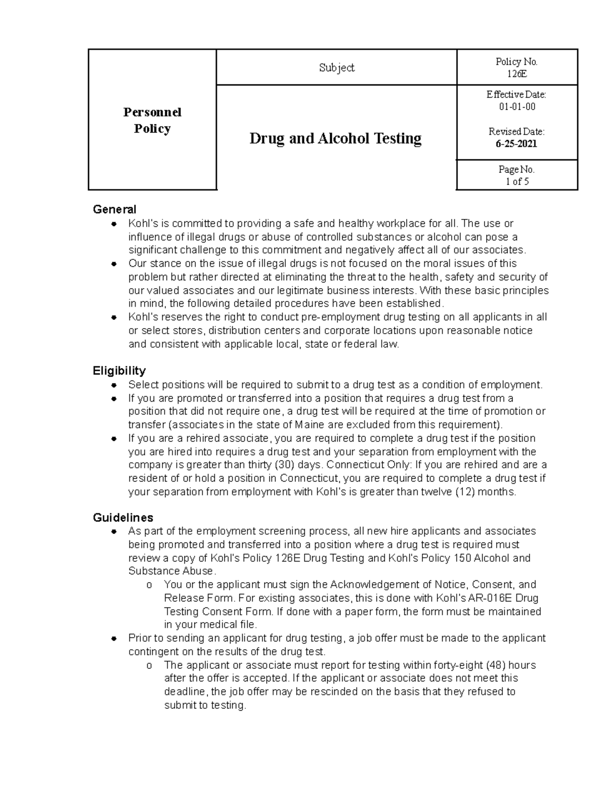 126E+Drug+and+Alcohol+Testing+V2 - Personnel Policy Subject Policy No ...