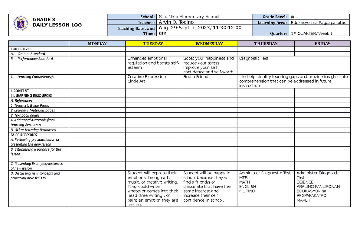 DLL Edukasyon sa Pagpapakatao 3 Q1 W1 - GRADE 3 DAILY LESSON LOG School ...
