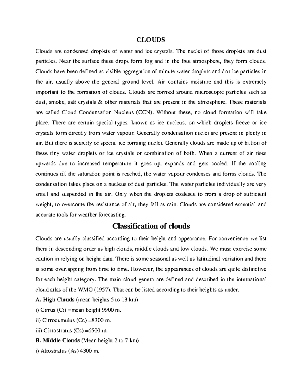 CLOUDS: Detailed Notes on Formation, Classification, and Seeding - Studocu