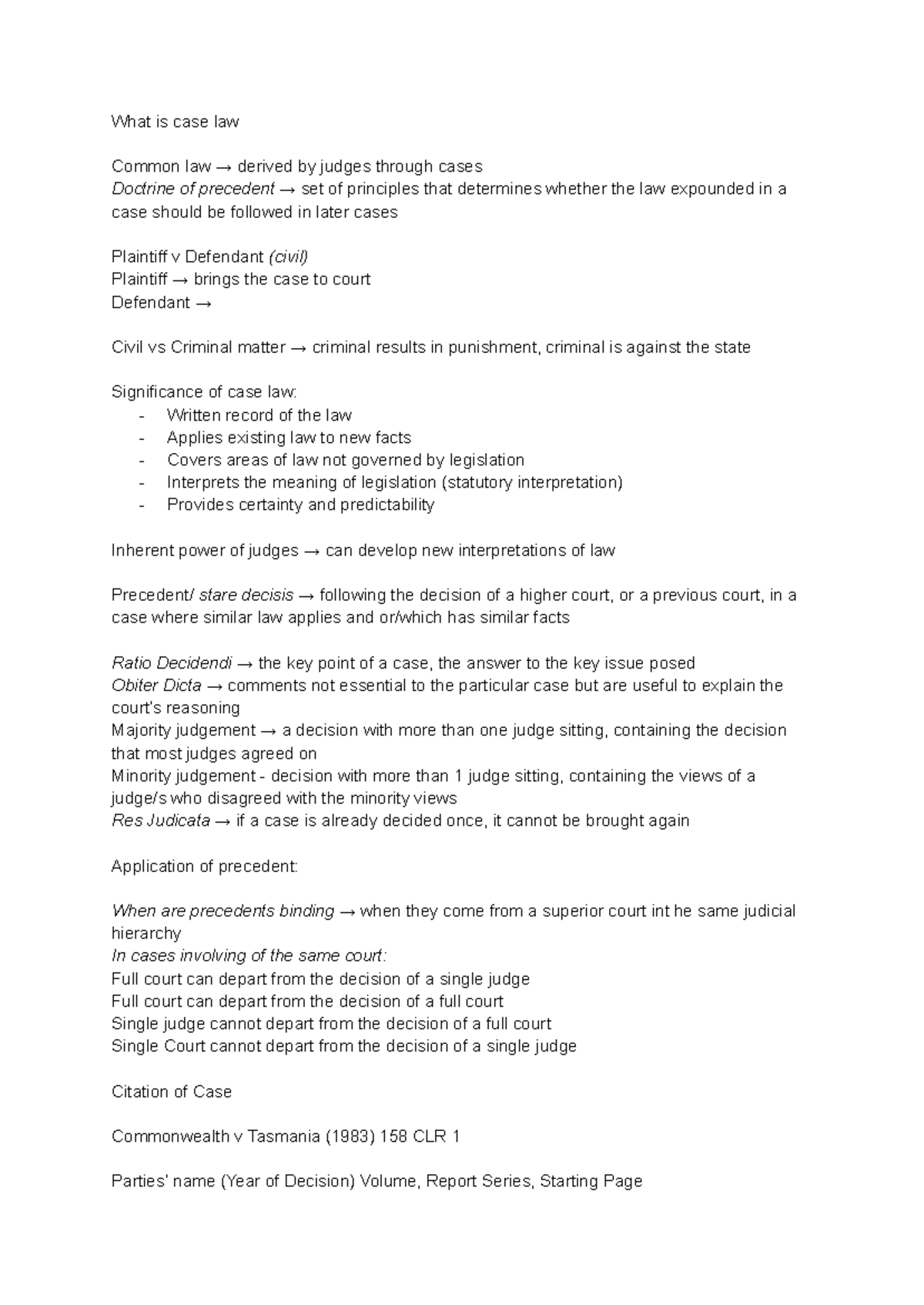 LAWS1055 - Case Law and Common Law Principles Overview - Studocu