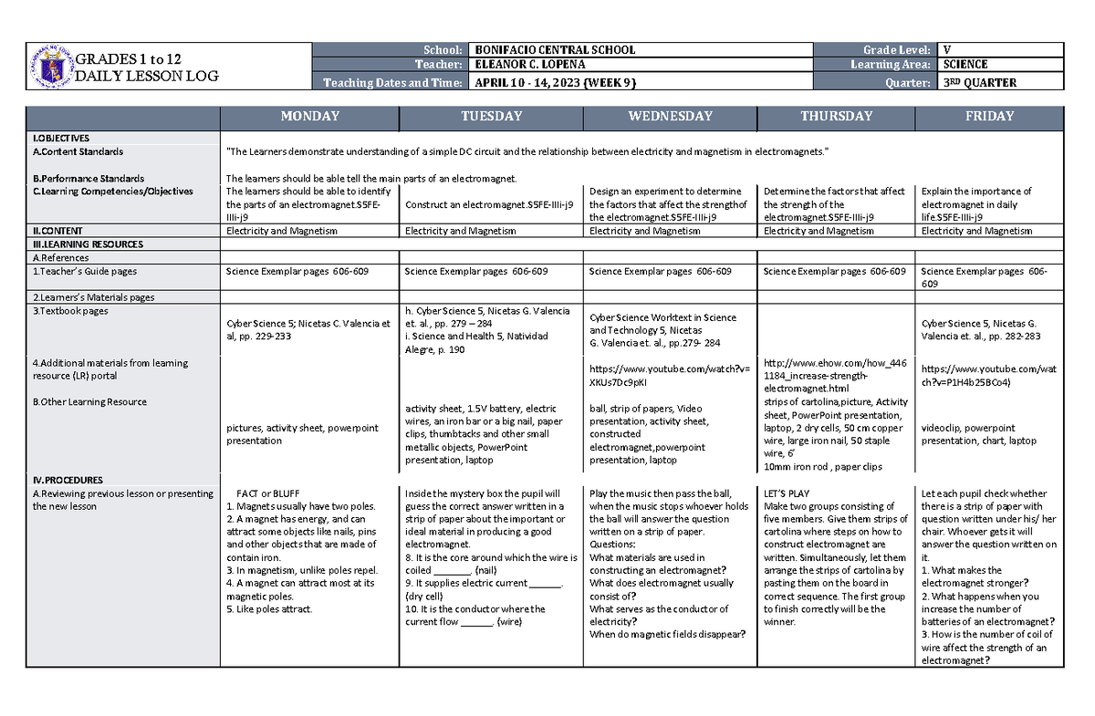 DLL Science 5 Q3 W9 - Daily Lesson Log - GRADES 1 to 12 DAILY LESSON ...