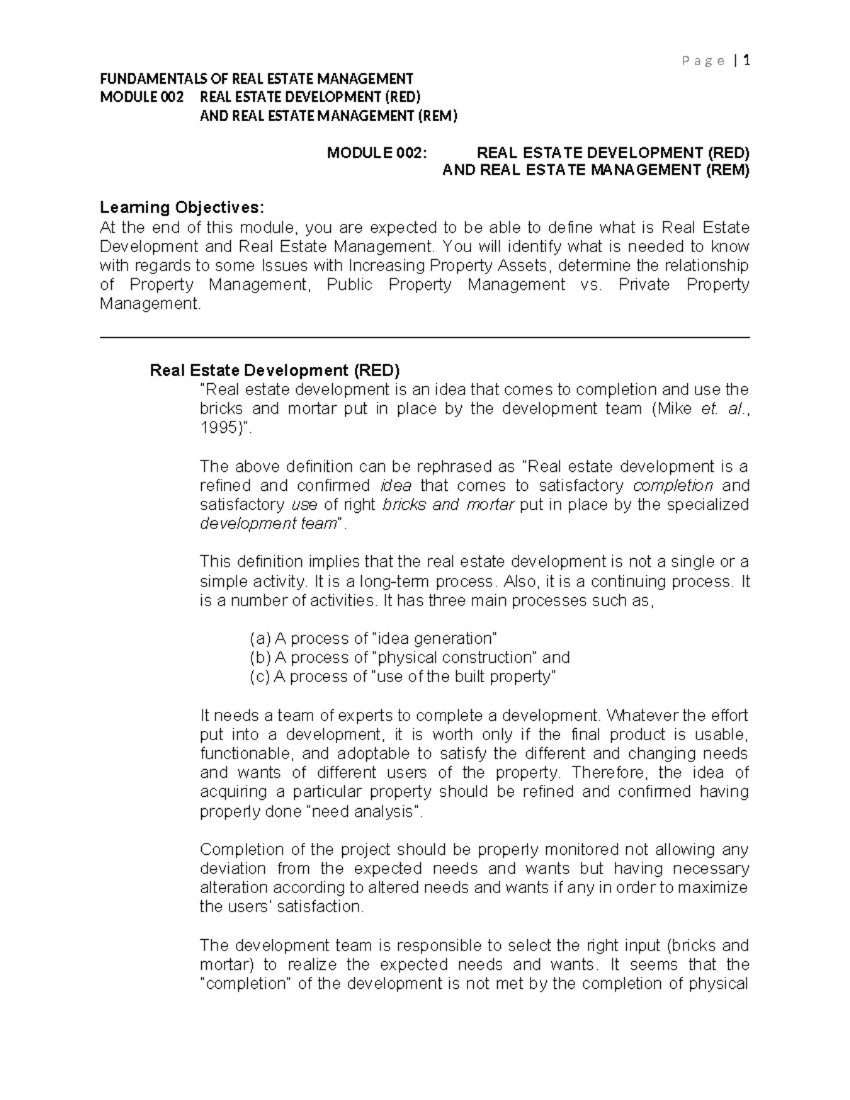 Module 002: Real Estate Development (RED) & Management (REM) Overview ...