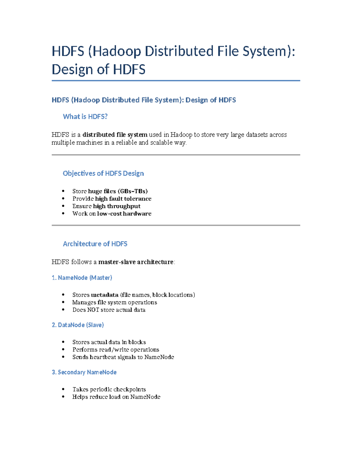HDFS (Hadoop Distributed File System) Design Notes - Unit 3 - Studocu