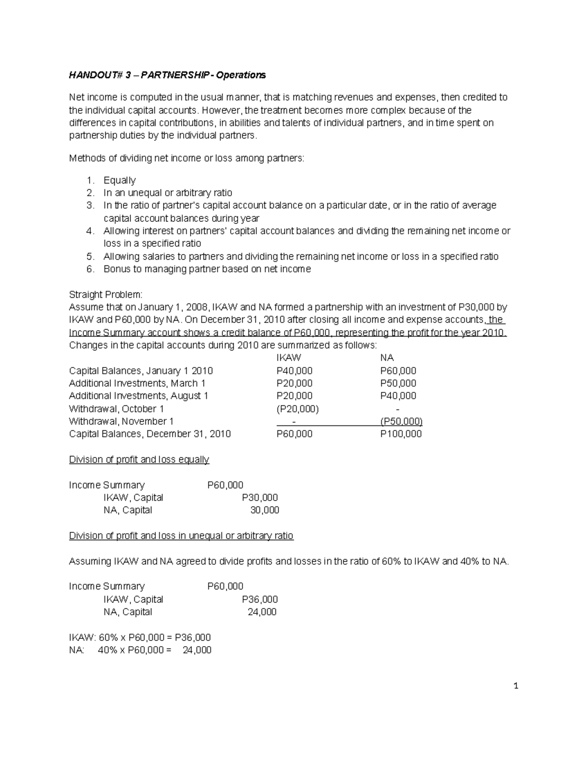 Partnership Operations: Methods for Dividing Net Income and Losses ...
