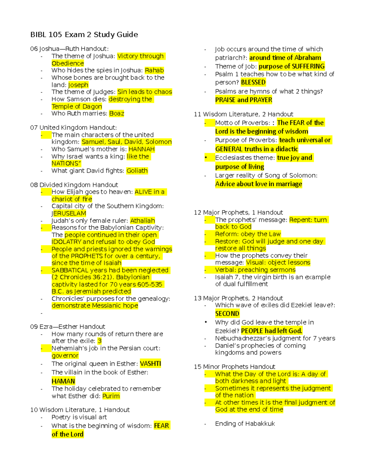Bibl 105 - Comprehensive Study Guide for Exam 2 - Studocu