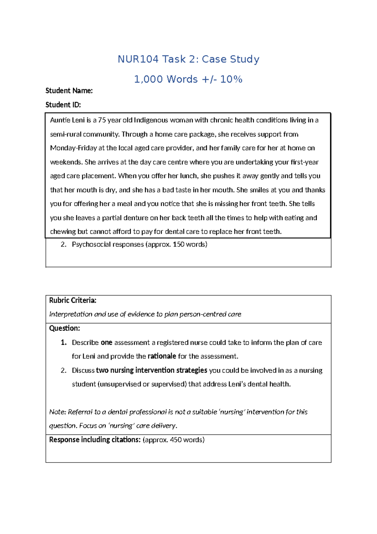 NUR104 Task 2: Case Study on Ageing and Oral Health Issues - Studocu