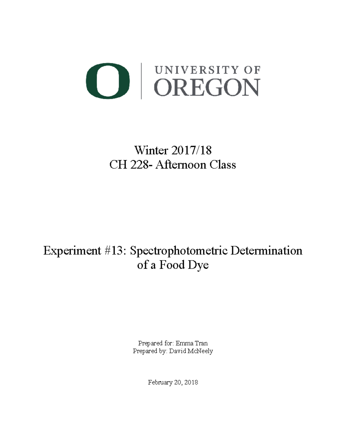 Lab Report 13 - Winter 2017/ CH 228- Afternoon Class Experiment #13 ...