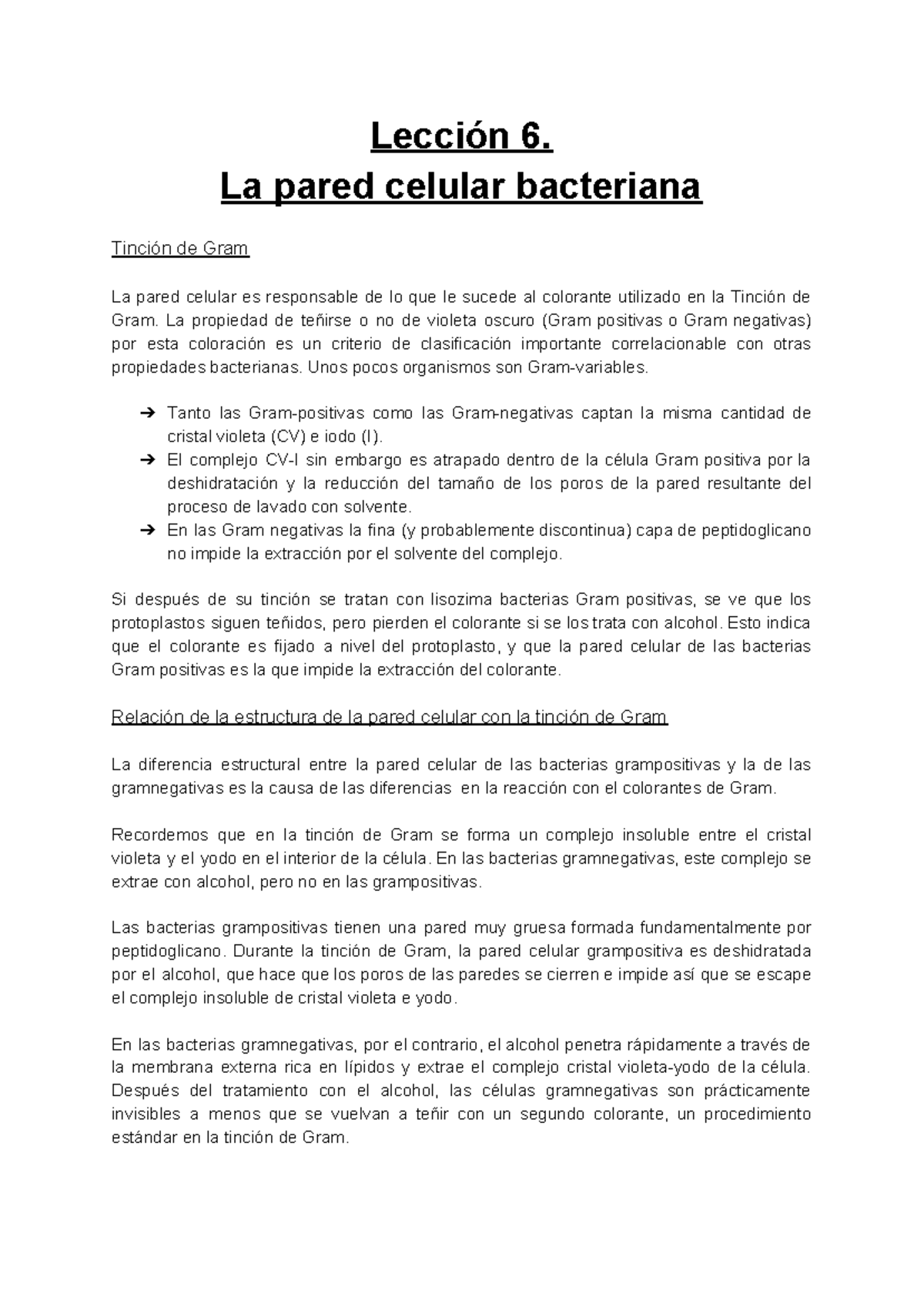 Lección 6: Estructura y Función de la Pared Celular Bacteriana - Studocu