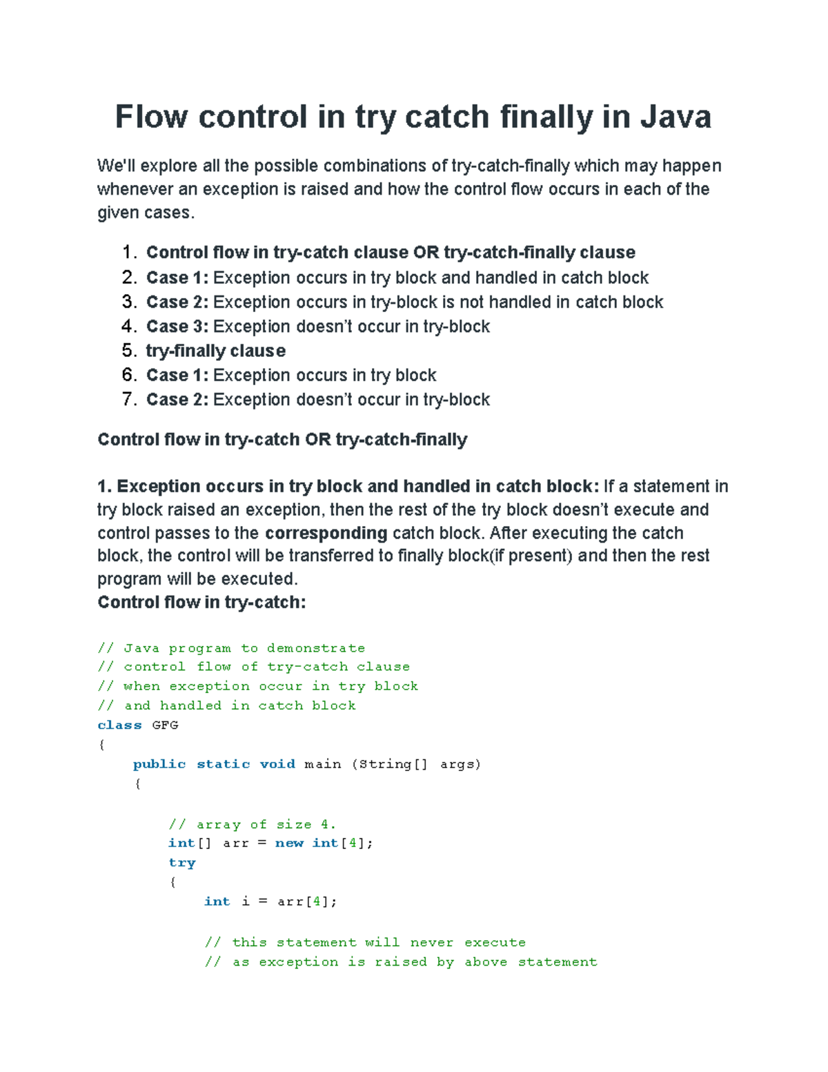 Flow control in try catch finally in Java - 1. Control flow in try ...