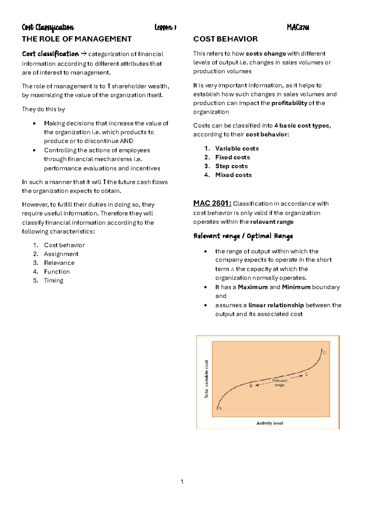 MAC3761: Cost Classification and Management Lesson 1 - Studocu