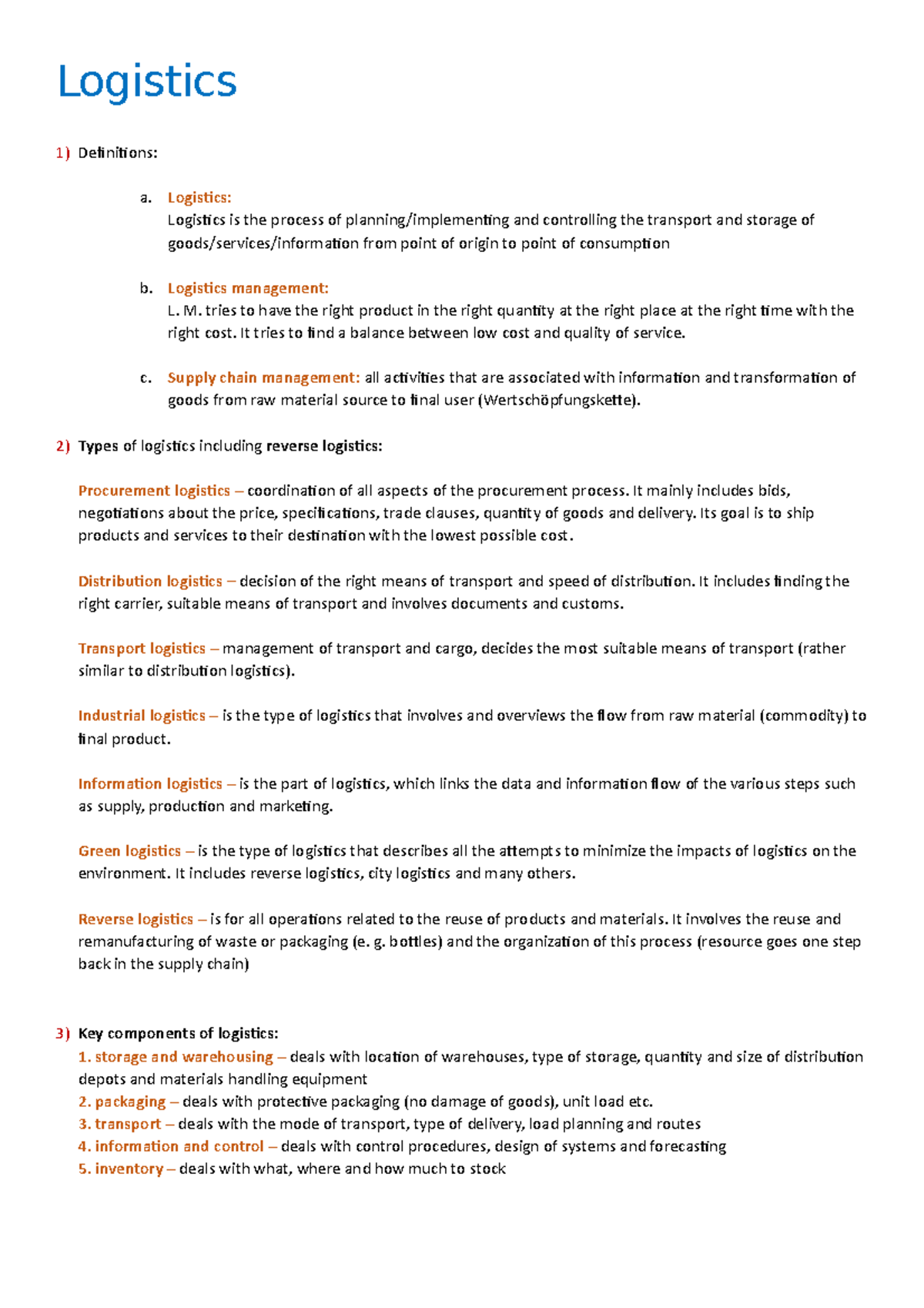 Logistics (LOG101) - Definitions, Types, Key Components & Risks - Studocu