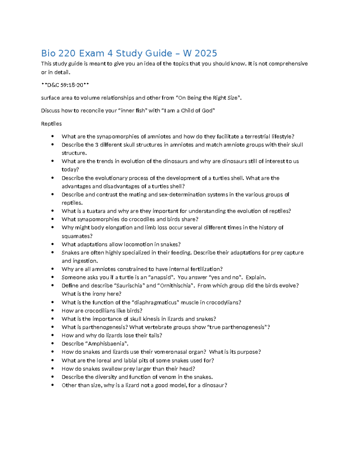 Bio 220 Exam 4 Study Guide: Key Topics and Concepts (W 2025) - Bio 220 ...