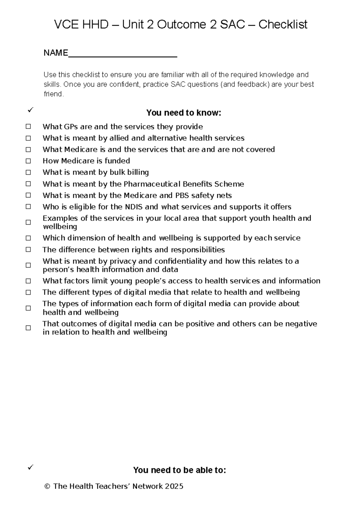 VCE HHD Unit 2 Outcome 2 SAC Preparation Checklist - Studocu