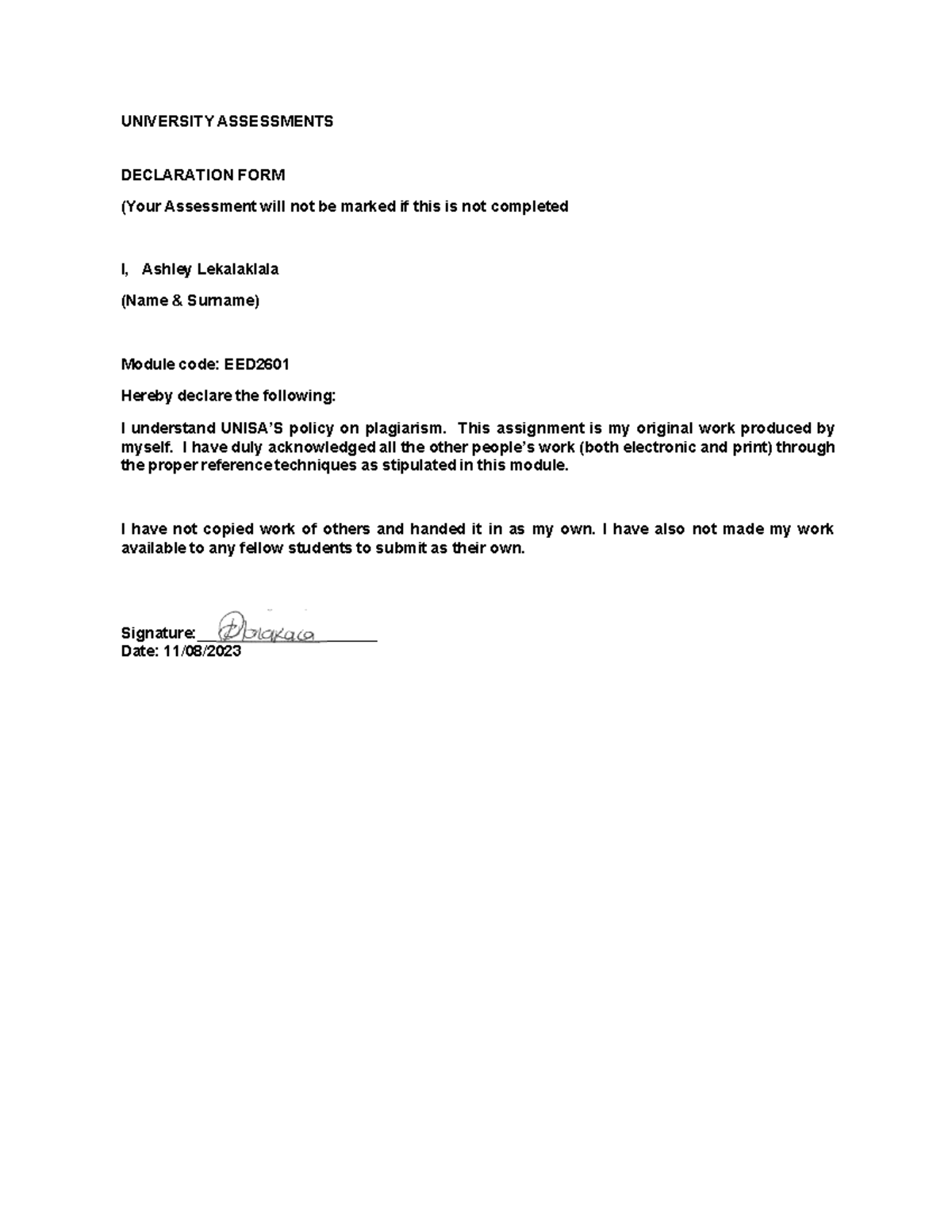 2344433 EED2601-386989 Assignment - UNIVERSITY ASSESSMENTS DECLARATION ...