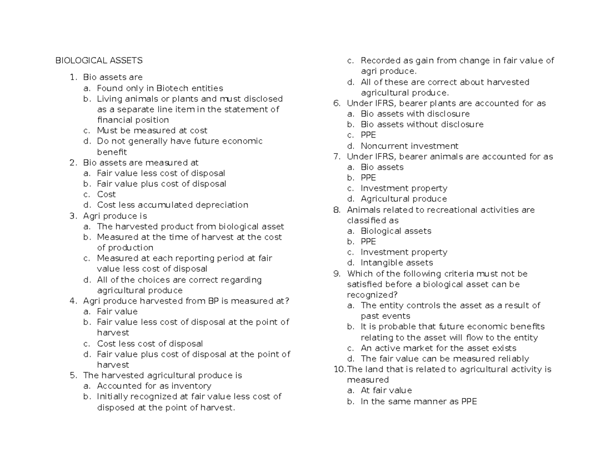 Biological Assets Overview - ACC 101 Final Exam Notes - Studocu