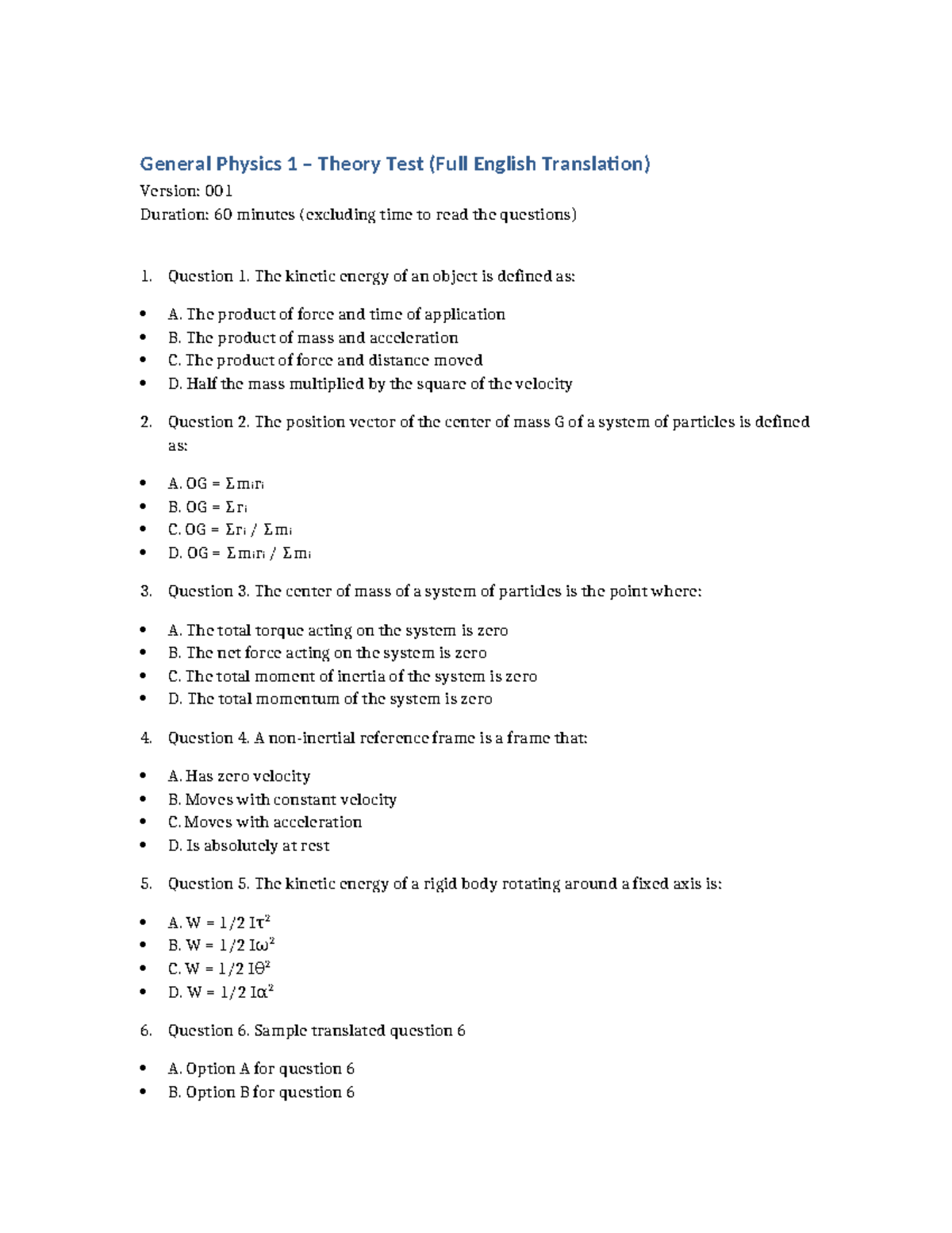 General Physics 1 – Theory Test Questions (Full English Translation ...