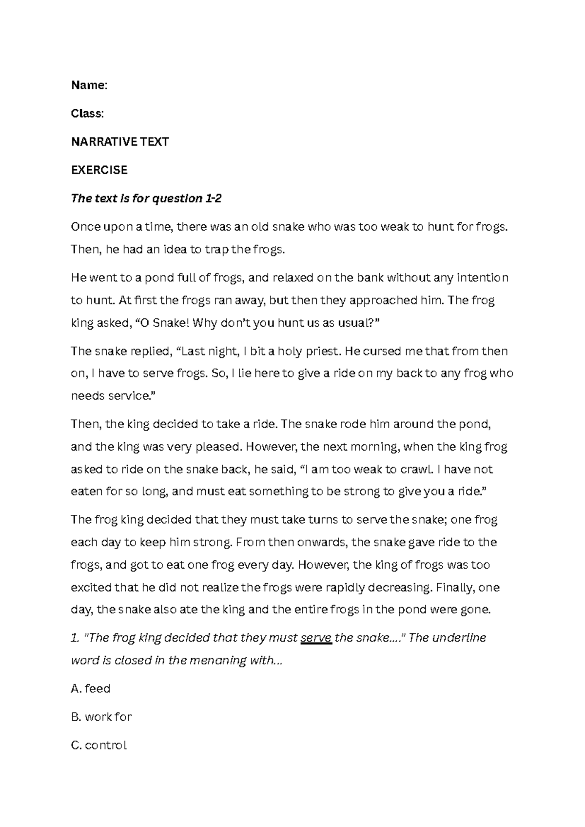 Narrative Text Exercise: The Old Snake and the King of Frogs (20250325 ...