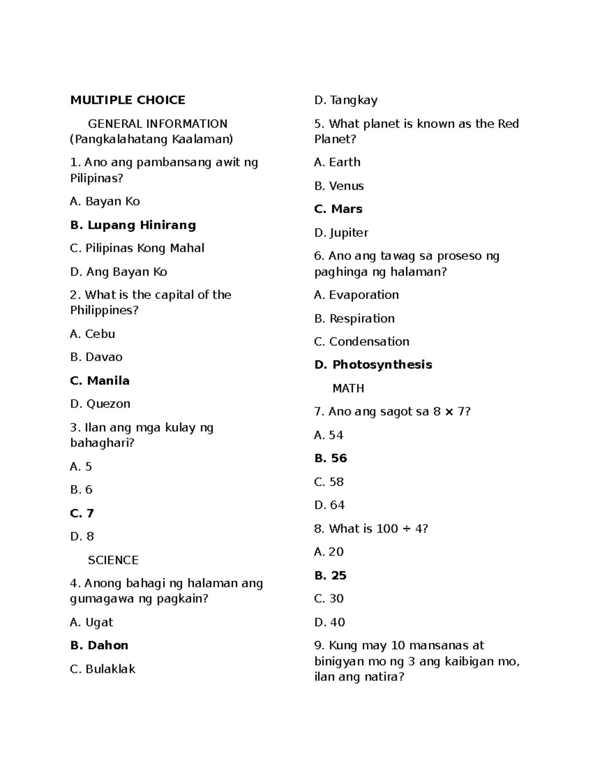 MULTIPLE CHOICE QUIZ: GENERAL INFO & PARLOR GAMES - Studocu