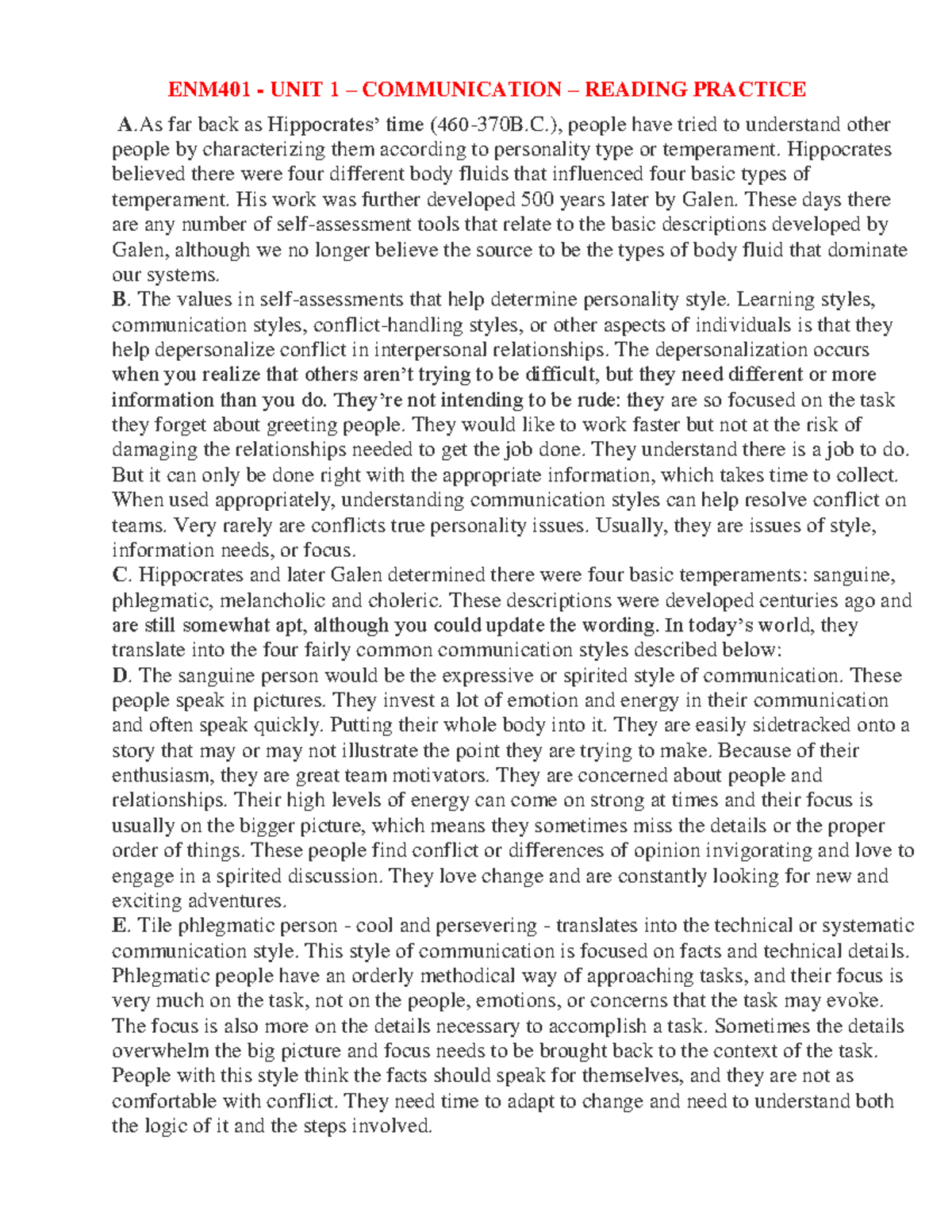 ENM401 - UNIT 1 - COMMUNICATION READING PRACTICE NOTES - Studocu